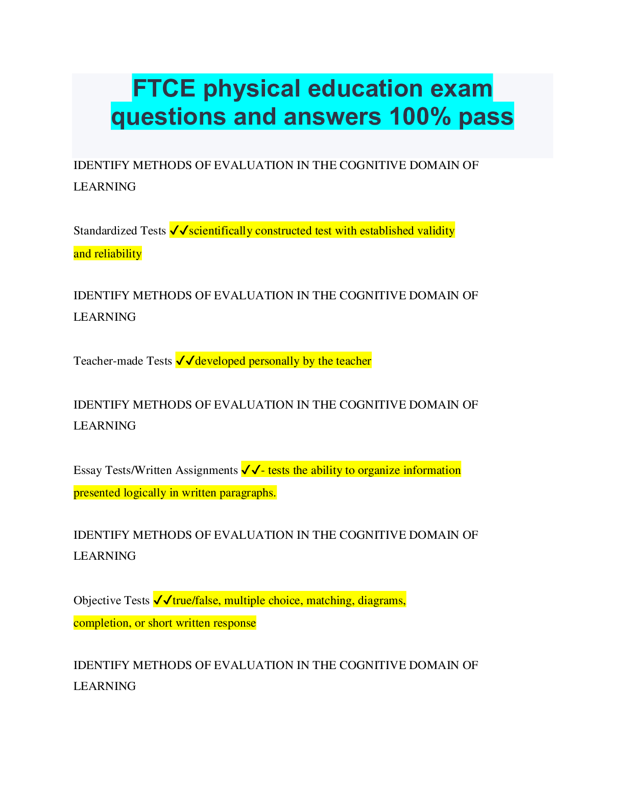 Preview of FTCE Physical Education Exam Questions and Answers 100% pass